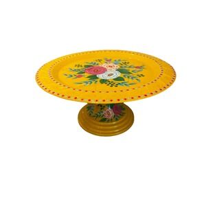 NEW Sunset & Co Yellow Hand painted Floral Cake Stand 13.5", Party, Bright,